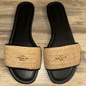 Coach Women's Black and Tan Woven Straw Slide Sandals size 9